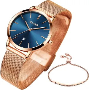 with Bracelet Rose Gold for Lady Female Minimalist Simple Slim Thin Casual Dress Analog threshold bonanza genre Quartz Wrist Watches Waterproof Two Tone OLEVS Womens Watch Gifts Set 