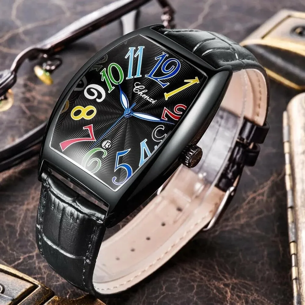 with Date Big Face Watches Rectangle Leather squabble spine journal Strap Calendar Quartz Colorful Numeral Watches MASTOP Men's Wine Barrel Fully Watch, Luxury Barrel-Shaped Waterproof Men Wristwatch 