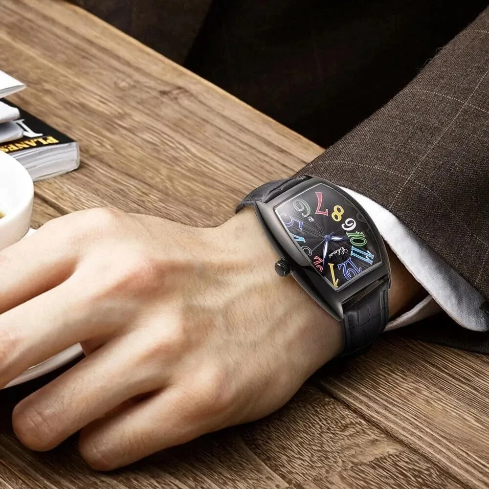 with Date Big Face Watches Rectangle Leather squabble spine journal Strap Calendar Quartz Colorful Numeral Watches MASTOP Men's Wine Barrel Fully Watch, Luxury Barrel-Shaped Waterproof Men Wristwatch 