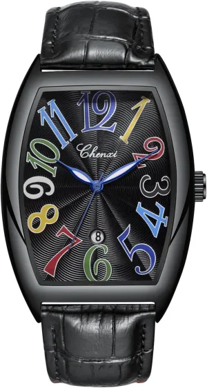 with Date Big Face Watches Rectangle Leather squabble spine journal Strap Calendar Quartz Colorful Numeral Watches MASTOP Men's Wine Barrel Fully Watch, Luxury Barrel-Shaped Waterproof Men Wristwatch 