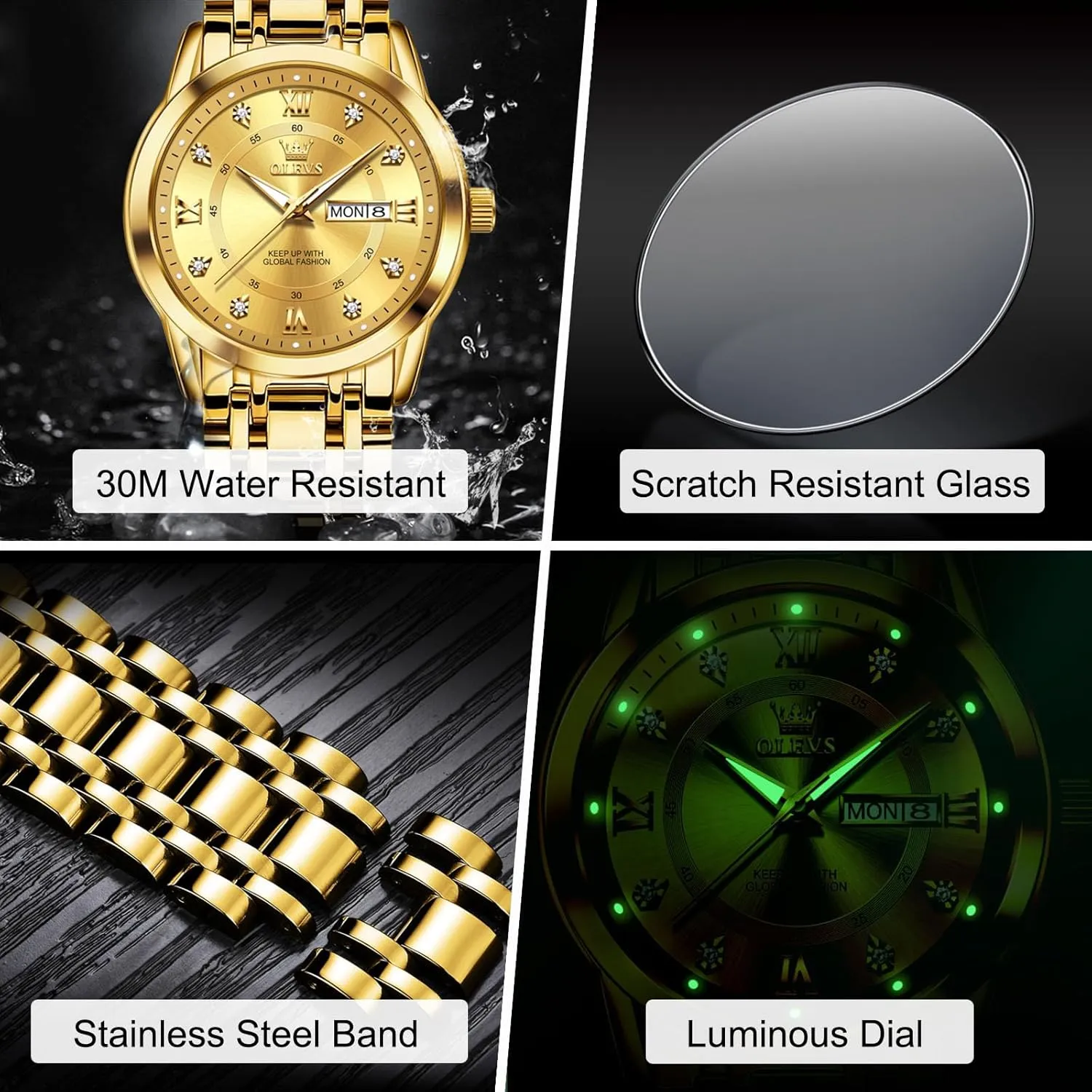 with Day and Date, turmeric quaint drug pensive Blue/Black/Silver/Gold/Grey Dial OLEVS Stainless Steel Classic Watches, Large Face Quartz Dress Watches for Men, Easy to Read Men's Waterproof Watch 