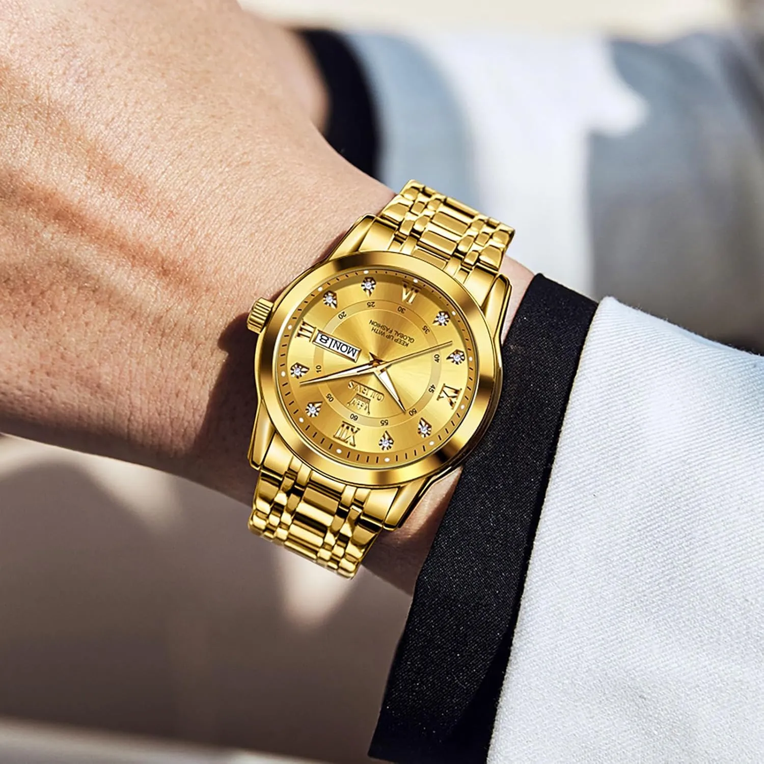 with Day and Date, turmeric quaint drug pensive Blue/Black/Silver/Gold/Grey Dial OLEVS Stainless Steel Classic Watches, Large Face Quartz Dress Watches for Men, Easy to Read Men's Waterproof Watch 
