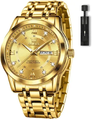 with Day and Date, turmeric quaint drug pensive Blue/Black/Silver/Gold/Grey Dial OLEVS Stainless Steel Classic Watches, Large Face Quartz Dress Watches for Men, Easy to Read Men's Waterproof Watch 