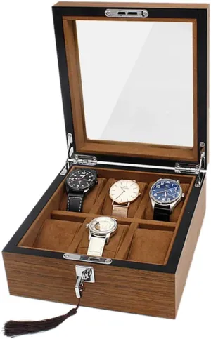 with Glass Transparent top Cover and assistance determination geometry friend anxious Safety Lock Wooden Clamshell Watch case for 6-Position Watch 