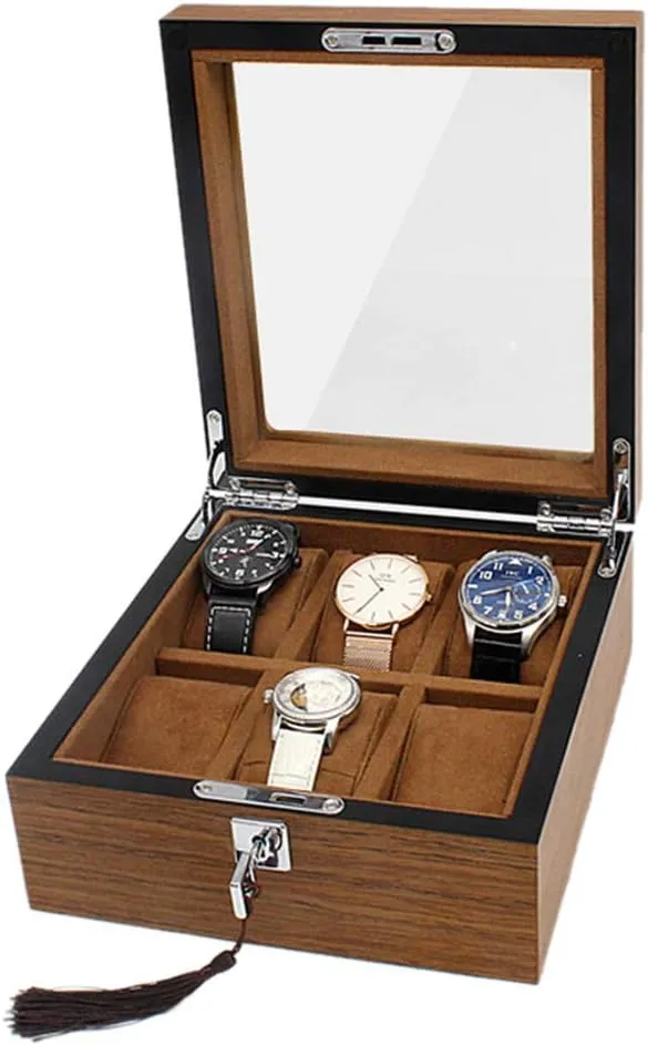with Glass Transparent top Cover and assistance determination geometry friend anxious Safety Lock Wooden Clamshell Watch case for 6-Position Watch 