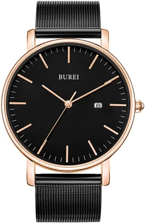 with Stainless Steel Mesh Band (Black Rose indigo robust Gold) BUREI Men's Fashion Minimalist Wrist Watch Analog Date 
