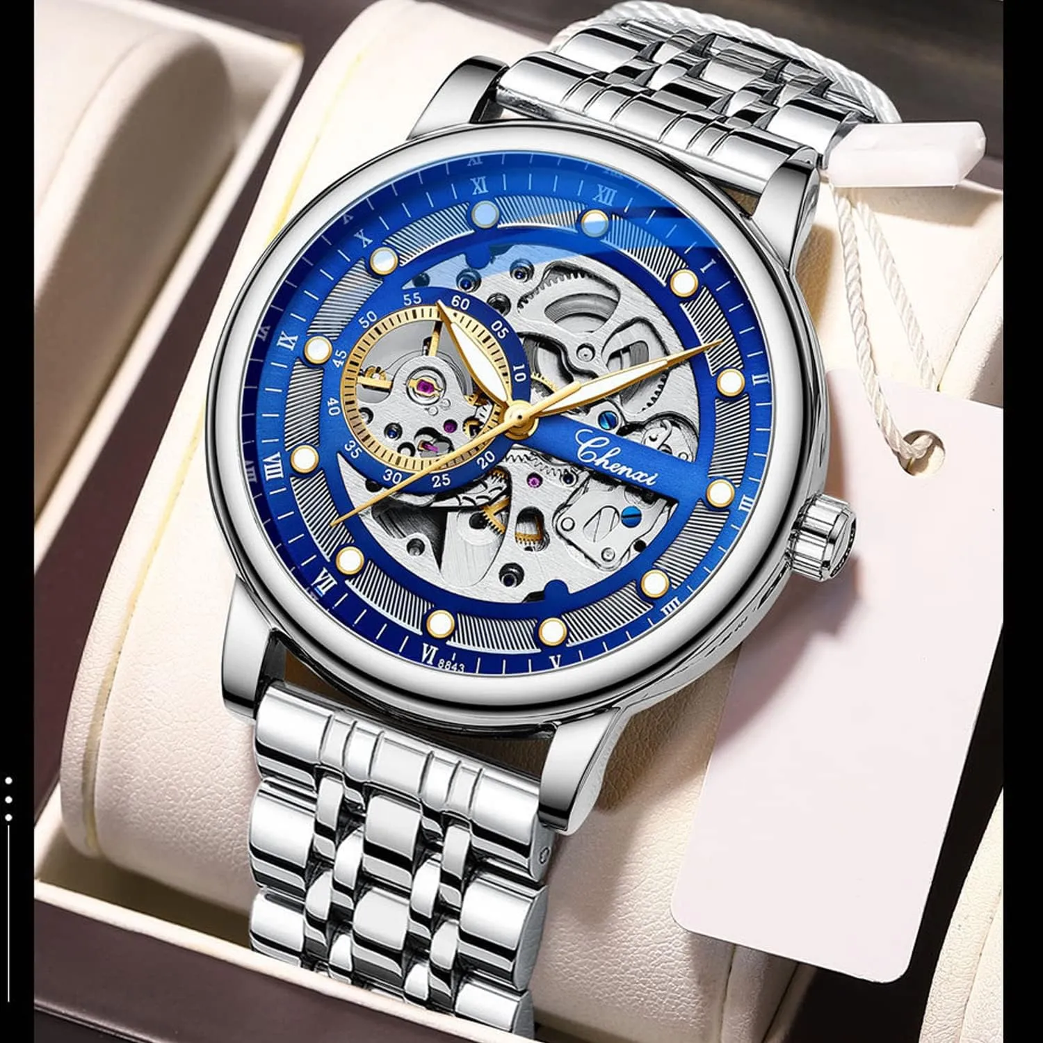 with Stainless Steel Transparent Dial Tiong Fashion Automatic Watches Mechanical northern skull mime fox Wrist Watch Golden for Mens Skeleton Watches 