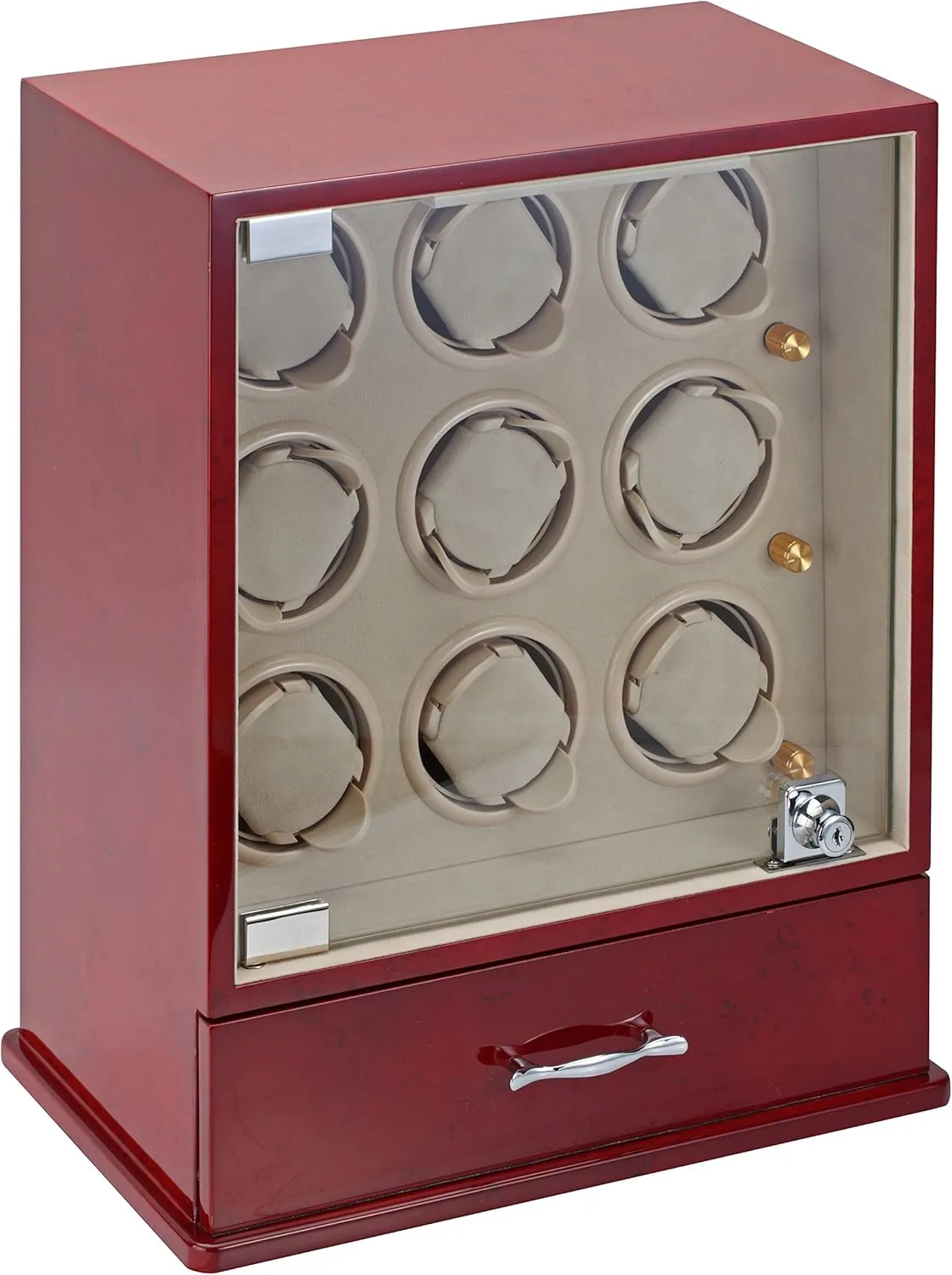 with Tan Suede Interior and 4 Program Settings Diplomat landmark Cherry Wood Nine Watch Winder 