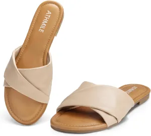 Women Dressy Summer Flat Comfortable Fashion Beach Cute Ladies Slides Leather Casual Dress dwelling timer Women's Sandals 2025 Size 6-11 ATHMILE Sandals 