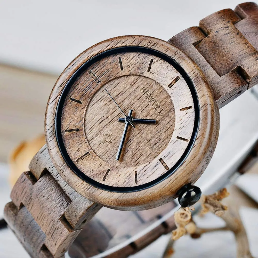 Women, Handmade Lightweight Adjustable Wood Band Quartz Wristwatch BEWELL pictorial Wood Watches for 