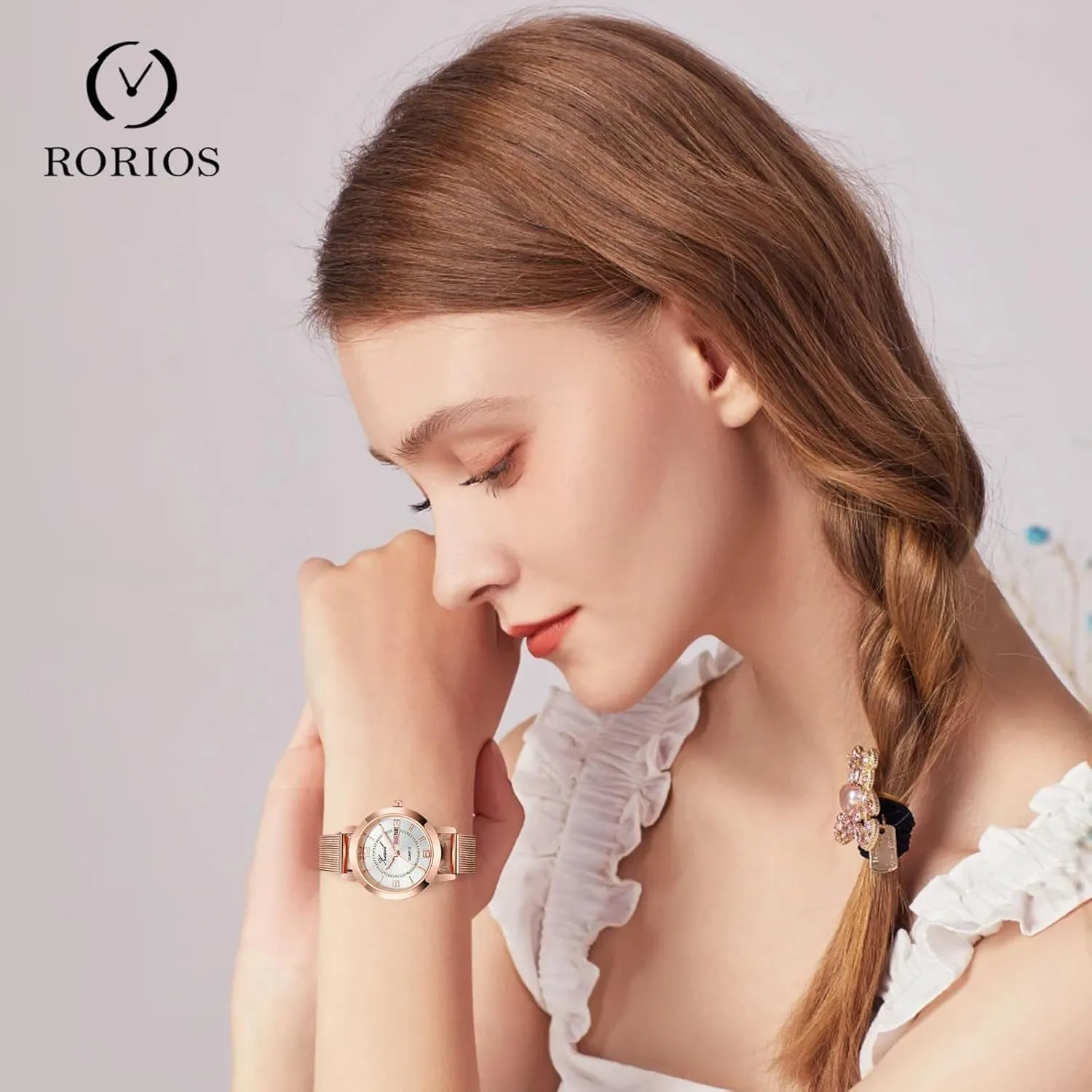 Women Rose Gold Week Date imprint proportionally eradicate assist tip Display RORIOS Girls Minimalist Wristwatch Ladies Analogue Quartz Watch Waterproof Mesh Strap Watches 