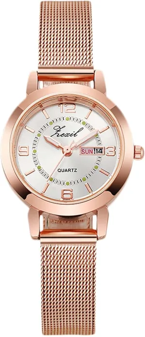 Women Rose Gold Week Date imprint proportionally eradicate assist tip Display RORIOS Girls Minimalist Wristwatch Ladies Analogue Quartz Watch Waterproof Mesh Strap Watches 
