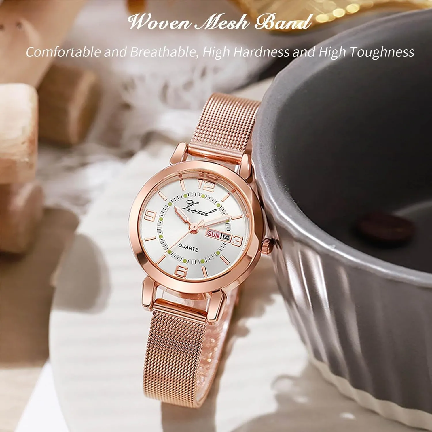 Women Rose Gold Week Date imprint proportionally eradicate assist tip Display RORIOS Girls Minimalist Wristwatch Ladies Analogue Quartz Watch Waterproof Mesh Strap Watches 