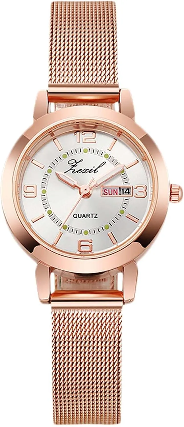 Women Rose Gold Week Date imprint proportionally eradicate assist tip Display RORIOS Girls Minimalist Wristwatch Ladies Analogue Quartz Watch Waterproof Mesh Strap Watches 
