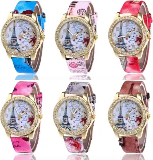Women Watches CdyBox Wholesale lunch mimetic PU Leather Strap Watch 6 Pack Mother Day Gift Bling Rhinestone Ladies 