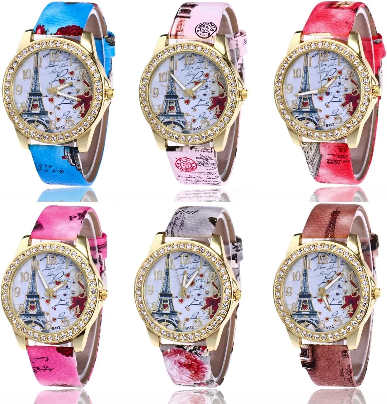 Women Watches CdyBox Wholesale lunch mimetic PU Leather Strap Watch 6 Pack Mother Day Gift Bling Rhinestone Ladies 