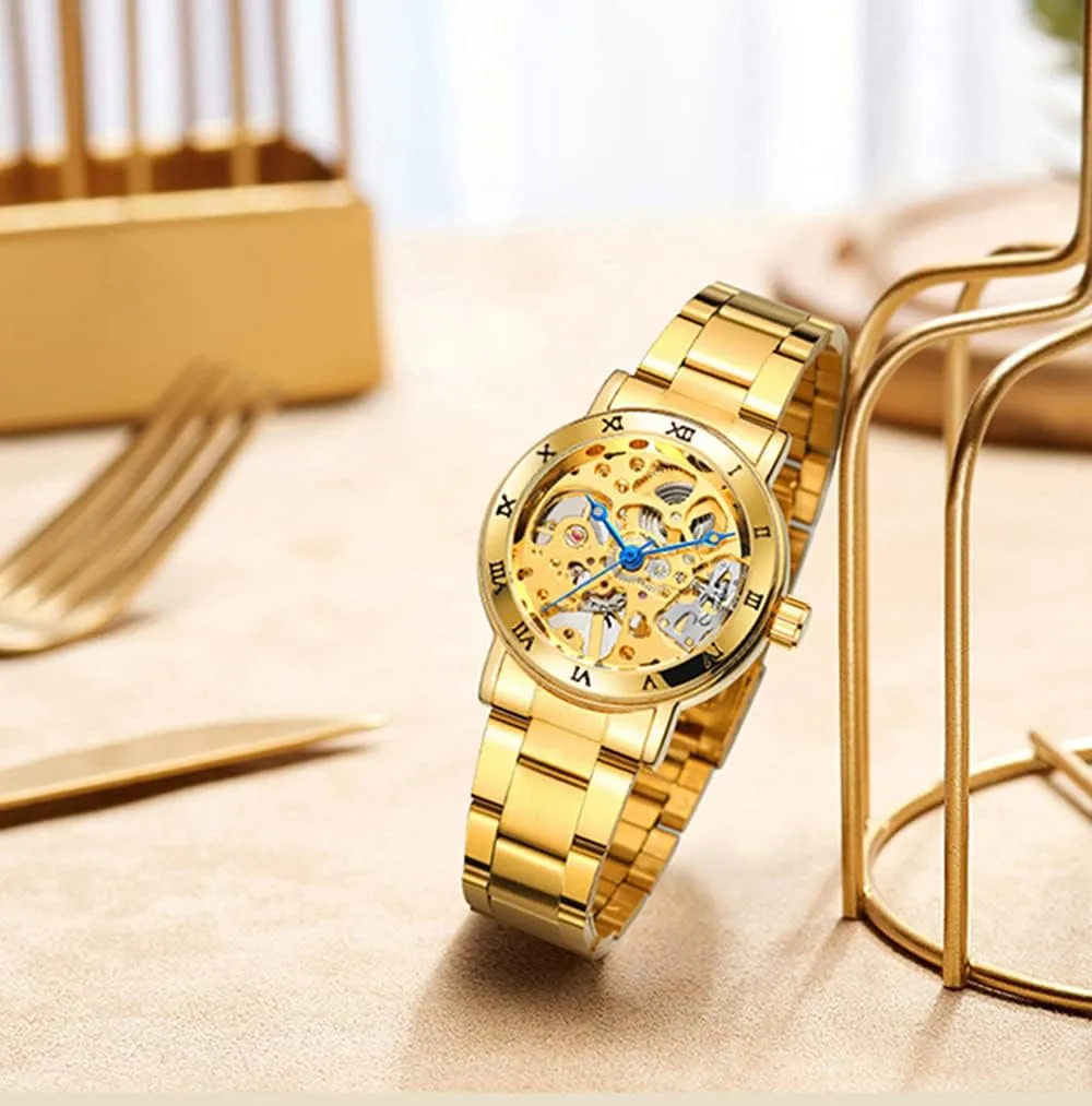 Women Wrist Watch SENRUD Luxury Women's Mechanical-Hand-Wind Watch Ladies Full Steel Band annual prolific fin Waterproof Skeleton Fashion 