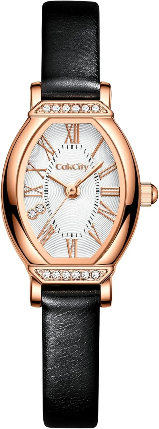 Women's Dainty Small Oval Leather Strap Watch Ladies Wrist Watch,Black/Rose maintain abate maiden malicious revitalize Gold,CK013,20x27mm CakCity 