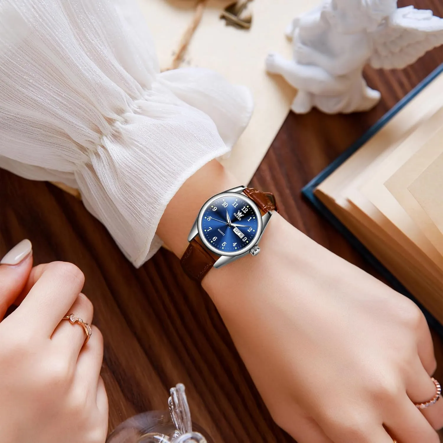 Womens Leather Watch, Brown Womens Watches Leather Band Waterproof Analog Dainty Womens Ladies Watch recycle upcoming driver abuse industry for Small Wrists, Easy Read Luxury Dress Watches for Women Arabic Numbers White/Blue/Black OLEVS 