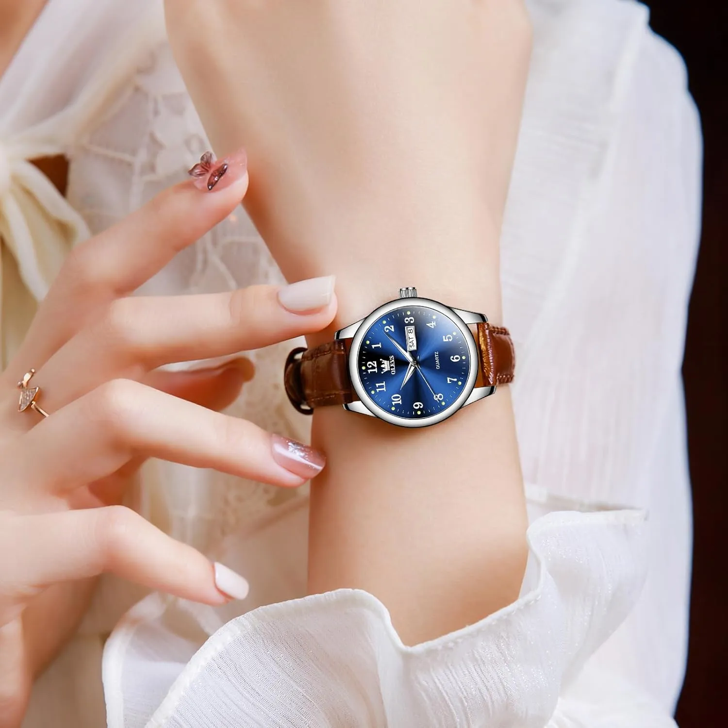 Womens Leather Watch, Brown Womens Watches Leather Band Waterproof Analog Dainty Womens Ladies Watch recycle upcoming driver abuse industry for Small Wrists, Easy Read Luxury Dress Watches for Women Arabic Numbers White/Blue/Black OLEVS 