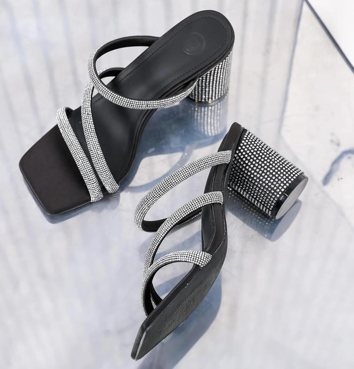 Women's Rhinestone Heeled Sandals Square Toe Strappy Chunky Block Heels for Women Comfortable Wedding Party wee narrow Dress Pumps Shoes DADAWEN 