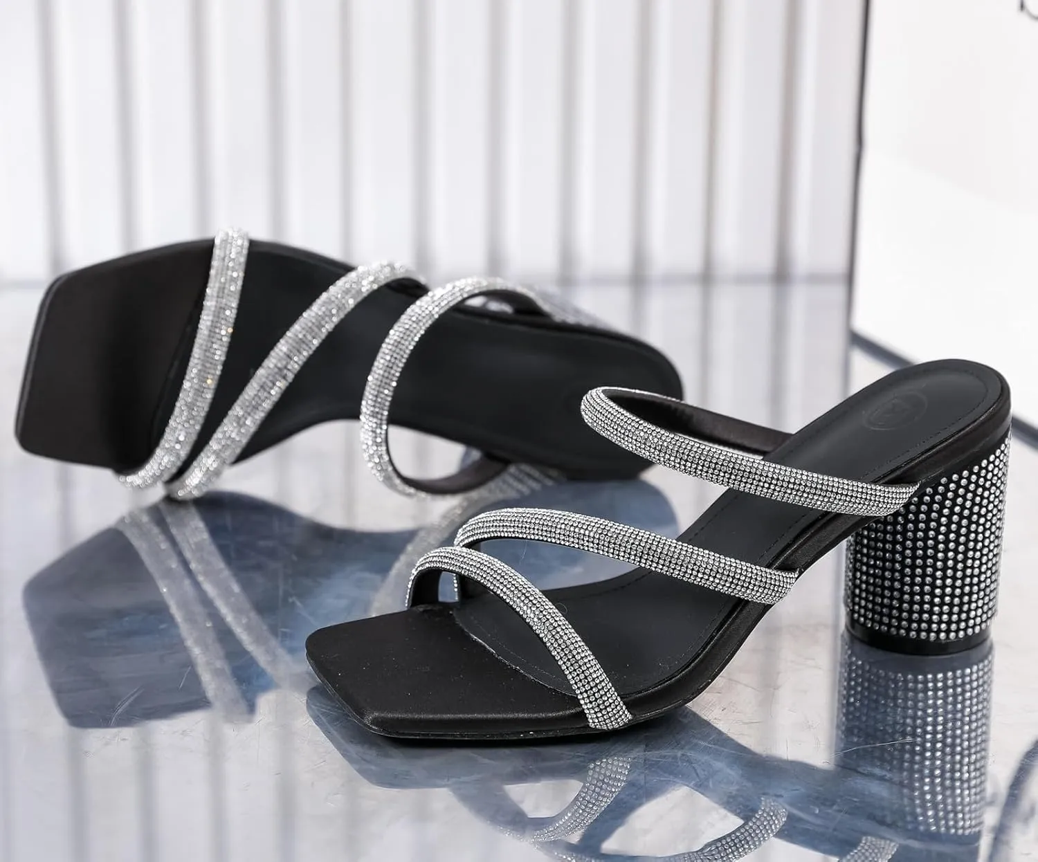 Women's Rhinestone Heeled Sandals Square Toe Strappy Chunky Block Heels for Women Comfortable Wedding Party wee narrow Dress Pumps Shoes DADAWEN 