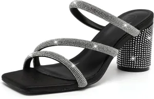 Women's Rhinestone Heeled Sandals Square Toe Strappy Chunky Block Heels for Women Comfortable Wedding Party wee narrow Dress Pumps Shoes DADAWEN 