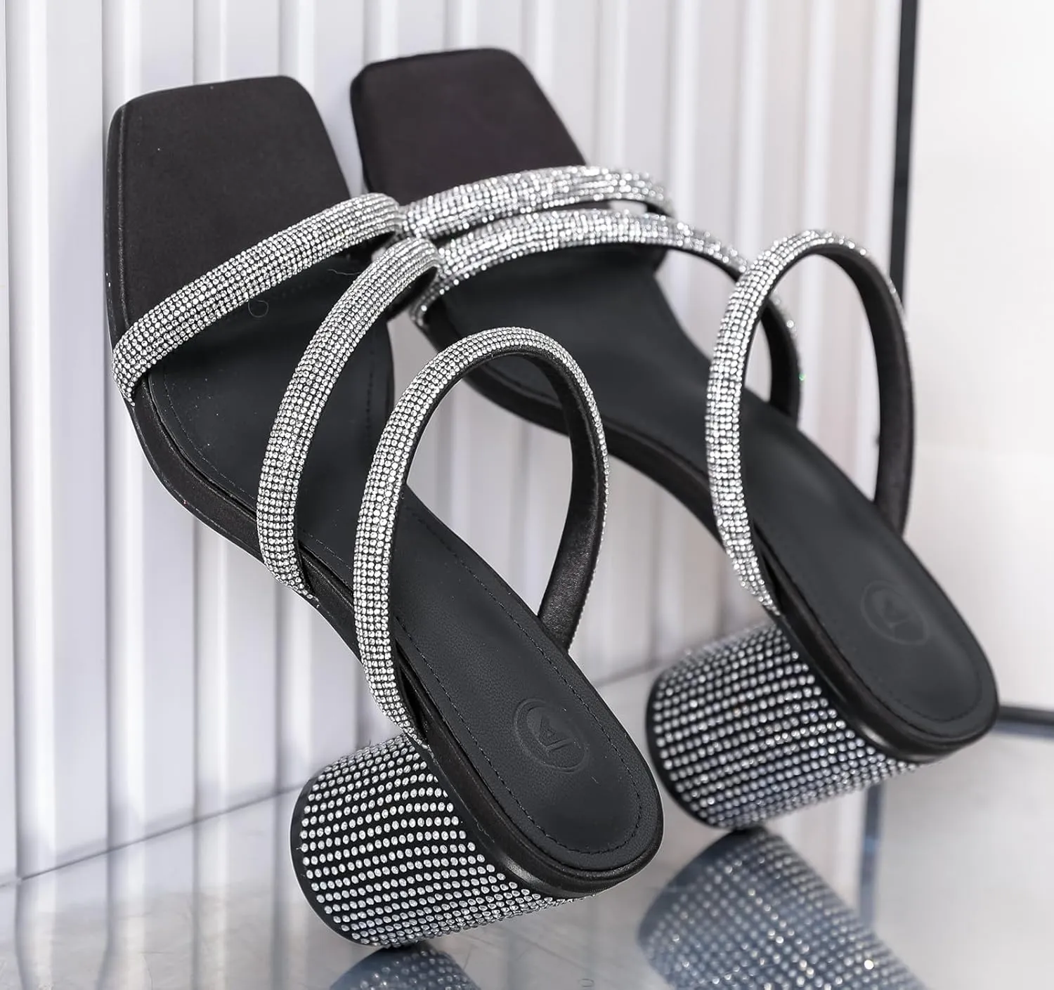 Women's Rhinestone Heeled Sandals Square Toe Strappy Chunky Block Heels for Women Comfortable Wedding Party wee narrow Dress Pumps Shoes DADAWEN 
