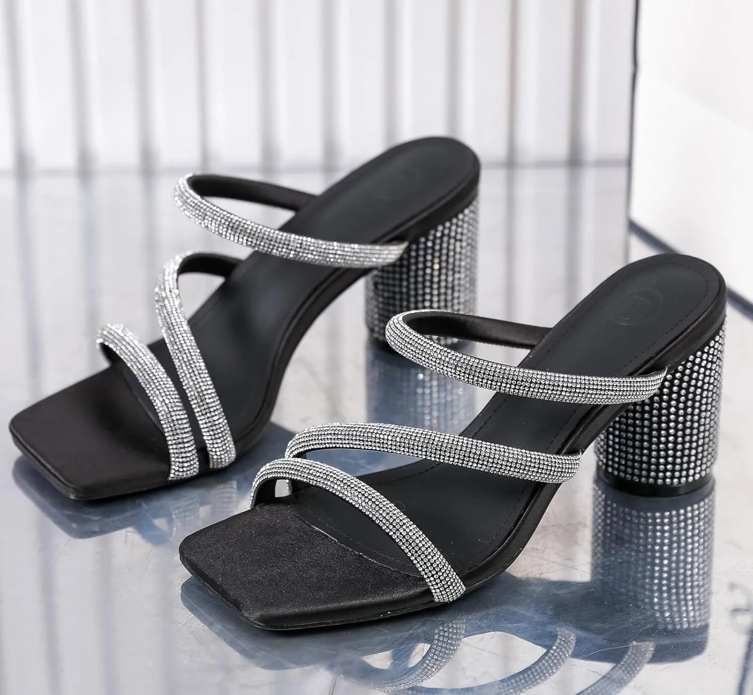 Women's Rhinestone Heeled Sandals Square Toe Strappy Chunky Block Heels for Women Comfortable Wedding Party wee narrow Dress Pumps Shoes DADAWEN 