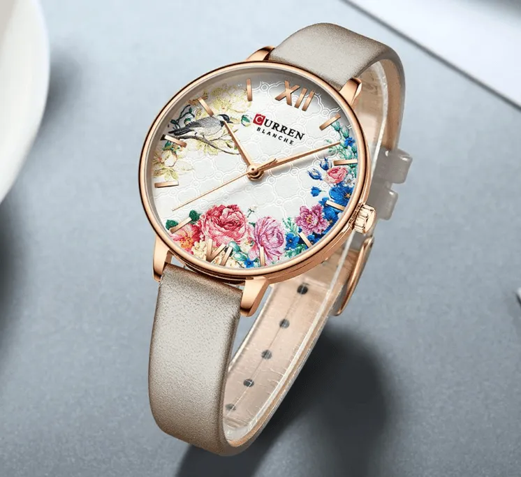 Womens Watches With Decoupage Flower Patterns And Details Of Large Roman Numbers