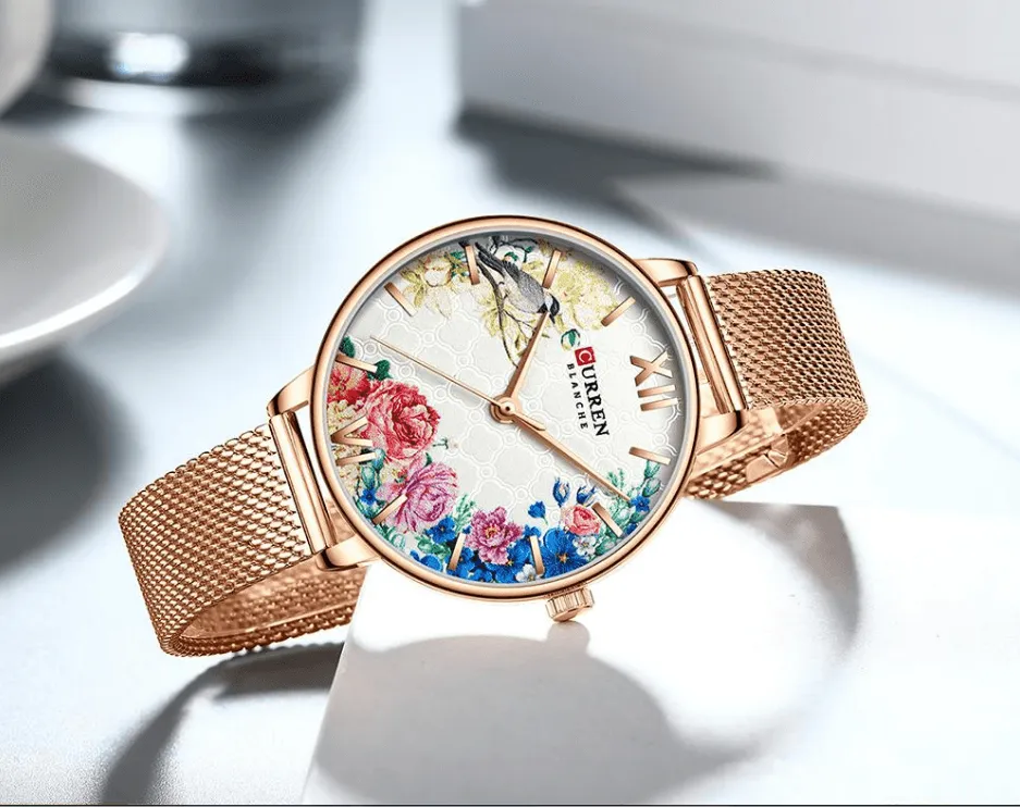Womens Watches With Decoupage Flower Patterns And Details Of Large Roman Numbers
