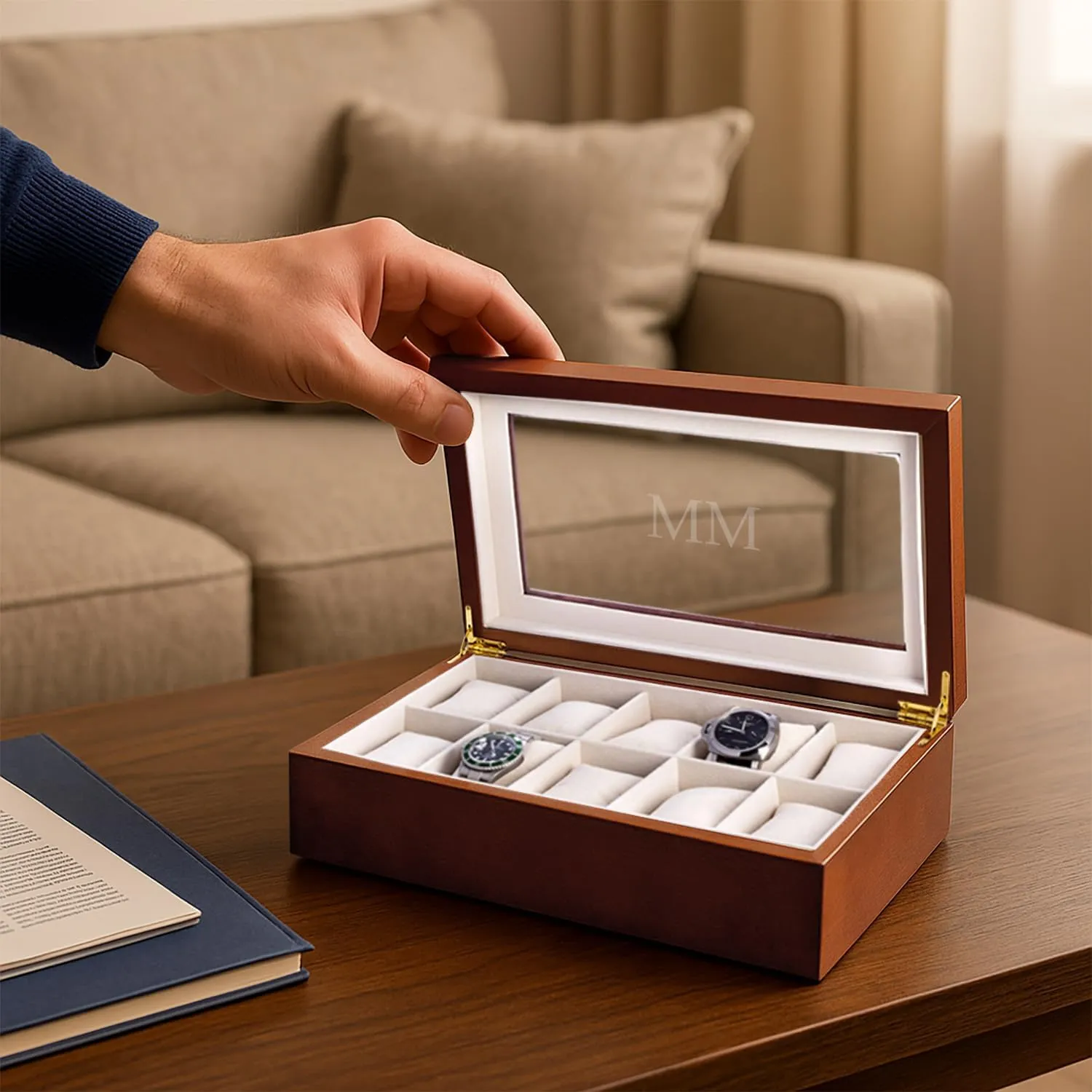Wood with afloat Glass Display Top Bey-Berk Custom Personalized 1-48 Slot Watch Box Organizer Solid 