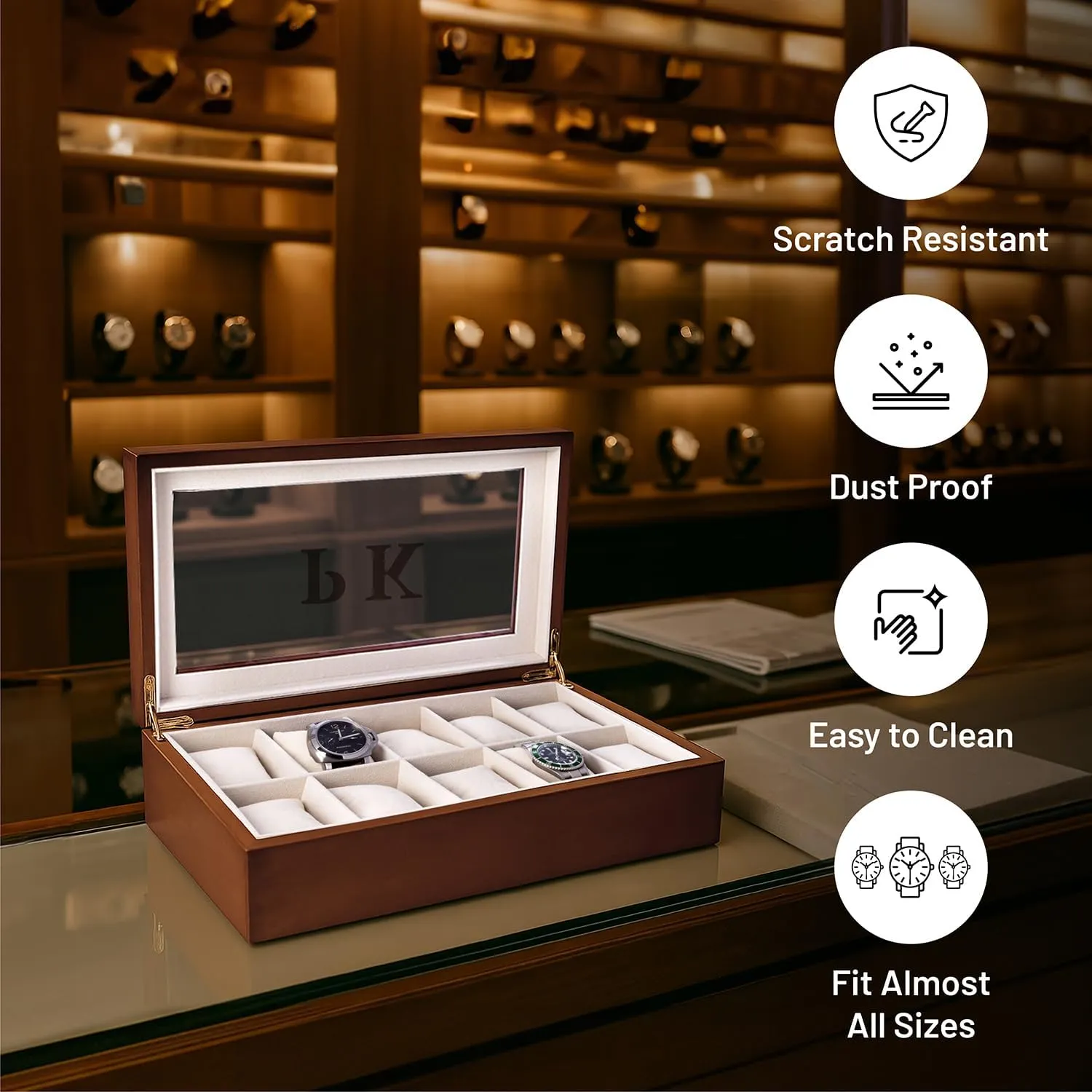 Wood with afloat Glass Display Top Bey-Berk Custom Personalized 1-48 Slot Watch Box Organizer Solid 