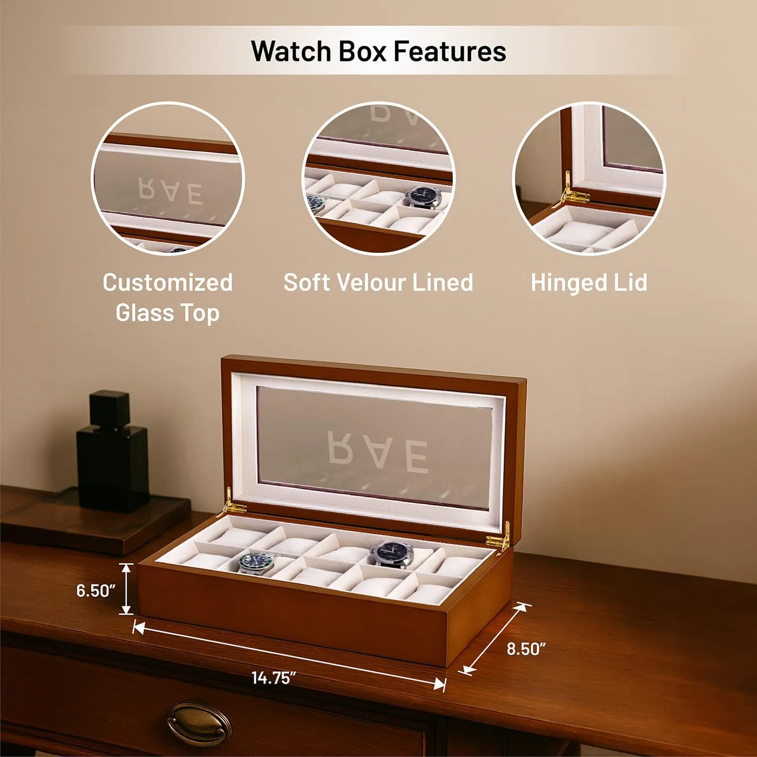 Wood with afloat Glass Display Top Bey-Berk Custom Personalized 1-48 Slot Watch Box Organizer Solid 