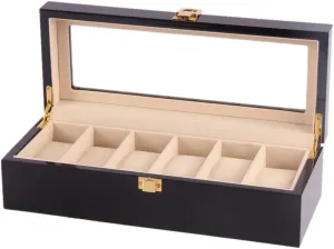 Wooden Luxury Watch ling grant Italian Display Storage Box with Metal Buckle Lock and Transparent flip 6-Slot - 