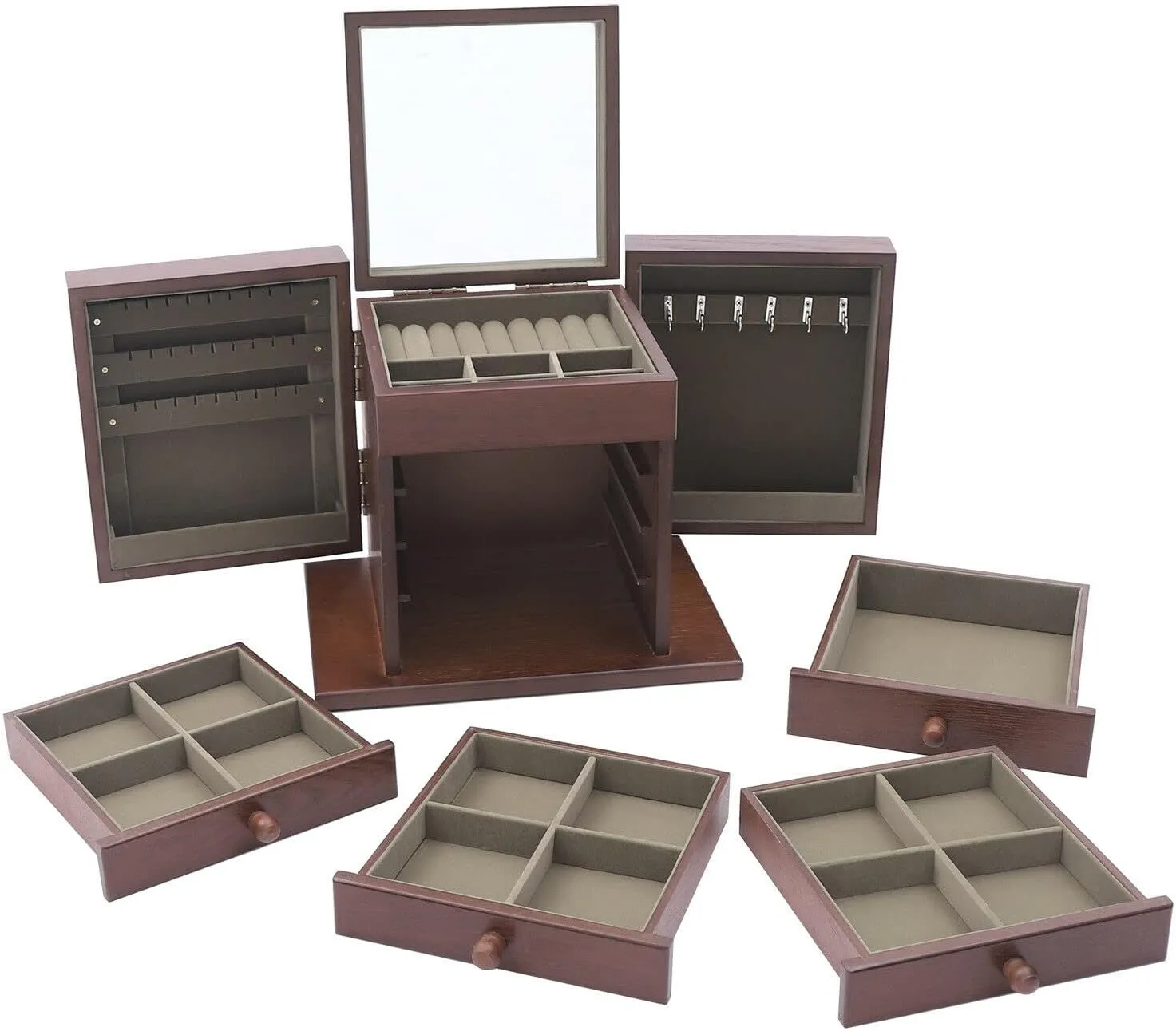 Wooden Storage Box (Brown) proboscidean investigate flick tail degas Jewelry Box, 5-Layer Large Jewelry Organizer Box with Mirror and 4 Drawers Cabinet, Soft Velvet Lining, Jewelry Organizer Drawer for Rings Earrings Necklaces 