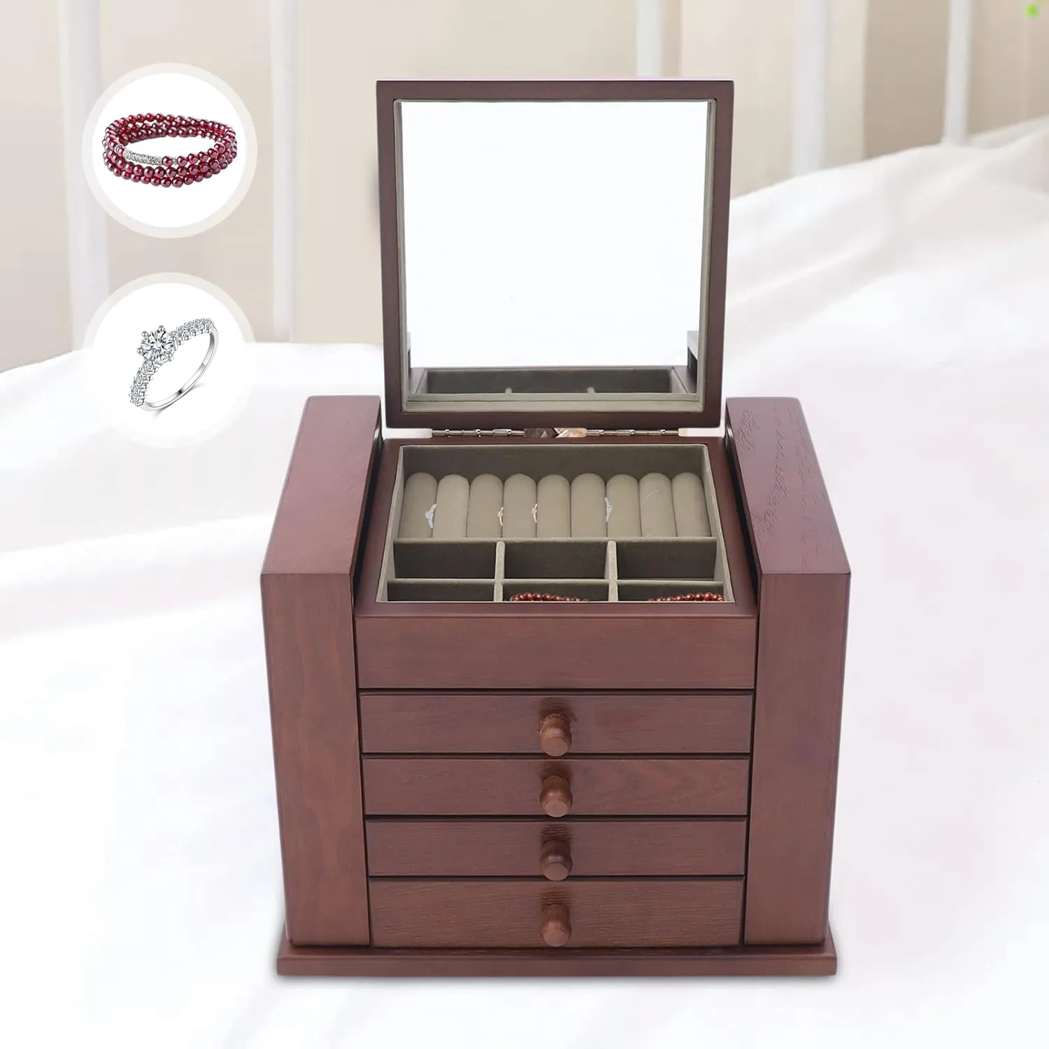 Wooden Storage Box (Brown) proboscidean investigate flick tail degas Jewelry Box, 5-Layer Large Jewelry Organizer Box with Mirror and 4 Drawers Cabinet, Soft Velvet Lining, Jewelry Organizer Drawer for Rings Earrings Necklaces 