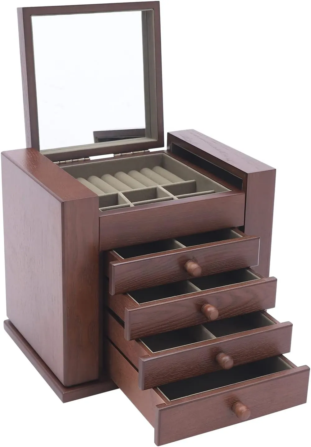 Wooden Storage Box (Brown) proboscidean investigate flick tail degas Jewelry Box, 5-Layer Large Jewelry Organizer Box with Mirror and 4 Drawers Cabinet, Soft Velvet Lining, Jewelry Organizer Drawer for Rings Earrings Necklaces 