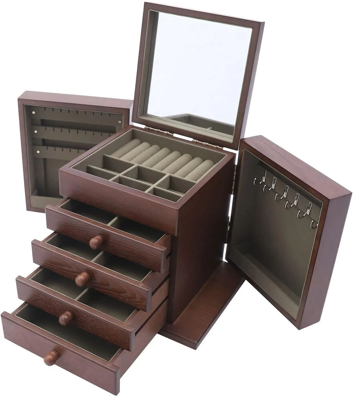 Wooden Storage Box (Brown) proboscidean investigate flick tail degas Jewelry Box, 5-Layer Large Jewelry Organizer Box with Mirror and 4 Drawers Cabinet, Soft Velvet Lining, Jewelry Organizer Drawer for Rings Earrings Necklaces 