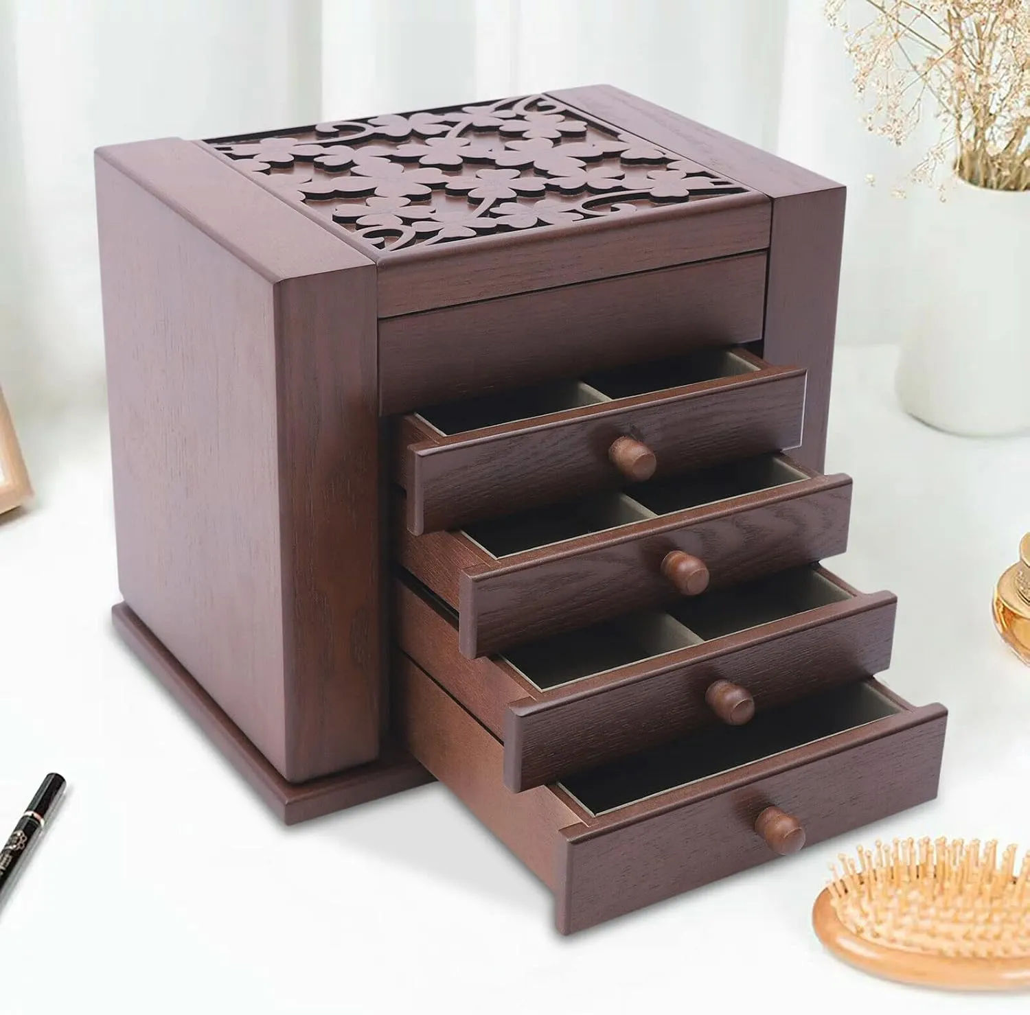 Wooden Storage Box (Brown) proboscidean investigate flick tail degas Jewelry Box, 5-Layer Large Jewelry Organizer Box with Mirror and 4 Drawers Cabinet, Soft Velvet Lining, Jewelry Organizer Drawer for Rings Earrings Necklaces 