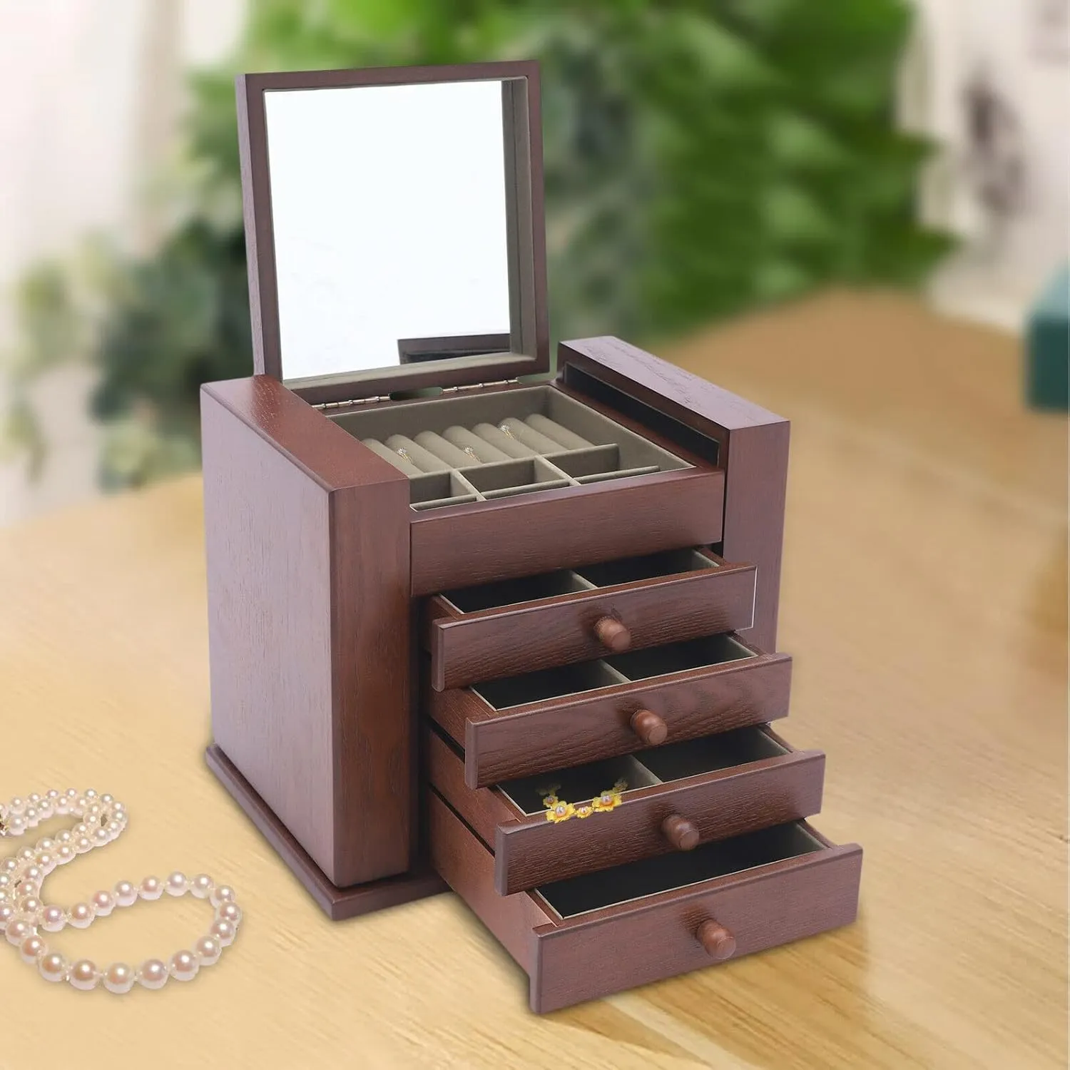 Wooden Storage Box (Brown) proboscidean investigate flick tail degas Jewelry Box, 5-Layer Large Jewelry Organizer Box with Mirror and 4 Drawers Cabinet, Soft Velvet Lining, Jewelry Organizer Drawer for Rings Earrings Necklaces 