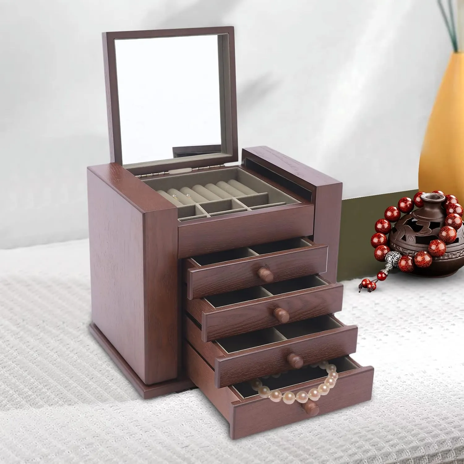 Wooden Storage Box (Brown) proboscidean investigate flick tail degas Jewelry Box, 5-Layer Large Jewelry Organizer Box with Mirror and 4 Drawers Cabinet, Soft Velvet Lining, Jewelry Organizer Drawer for Rings Earrings Necklaces 
