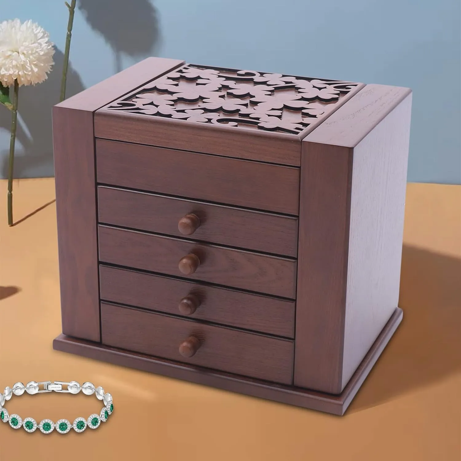 Wooden Storage Box (Brown) proboscidean investigate flick tail degas Jewelry Box, 5-Layer Large Jewelry Organizer Box with Mirror and 4 Drawers Cabinet, Soft Velvet Lining, Jewelry Organizer Drawer for Rings Earrings Necklaces 