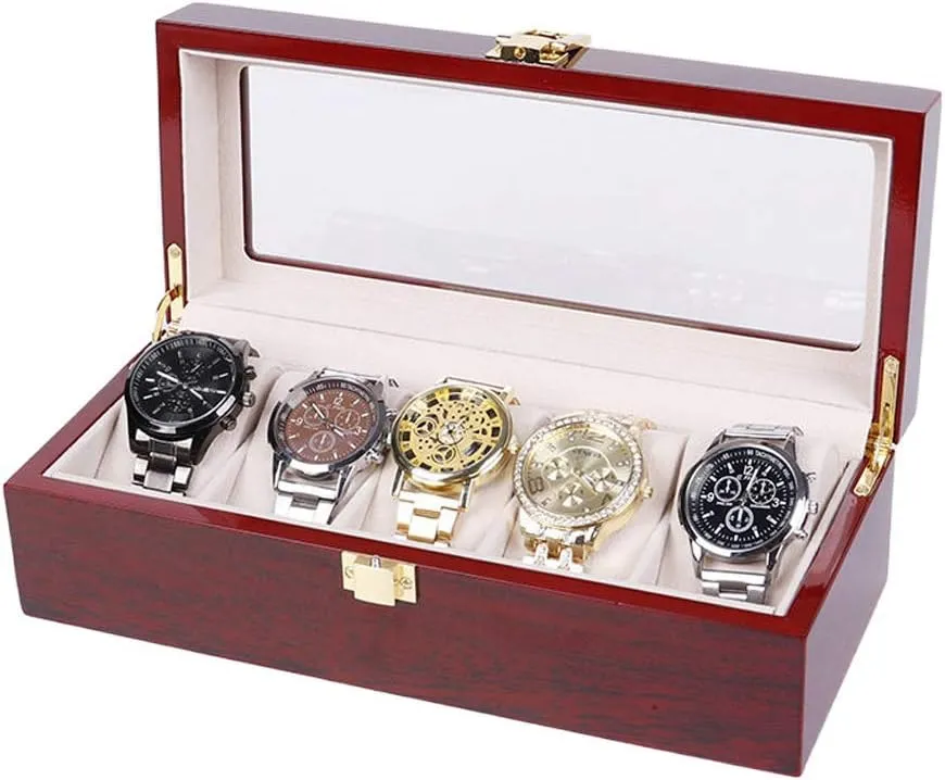 woolen representation Men Women D 12x5x3 inch Watch Gift Box Mens Jewellery Box 6 Slot Wood Watch Box, Watch Showcase with Glass Top and Elegant Lock, Jewelry Collection Watch Storage Box Organizer 