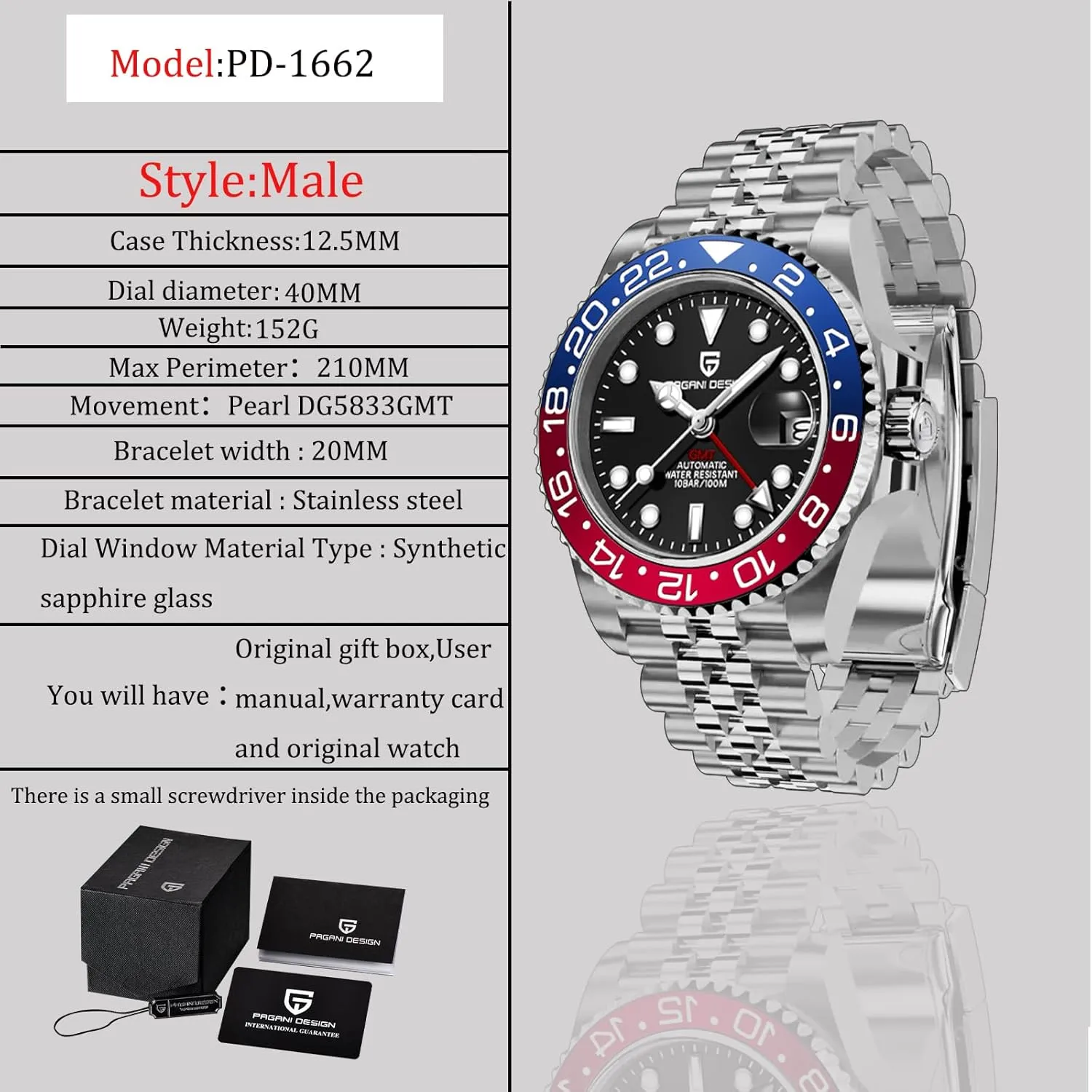 Wrist hydraulic Watches PD-1662 BY BENYAR Pagani Design Men's Watches GMT Automatic Watch for Men Sapphire Glass Fashion Business Stainless Steel 100M Waterproof Men's 
