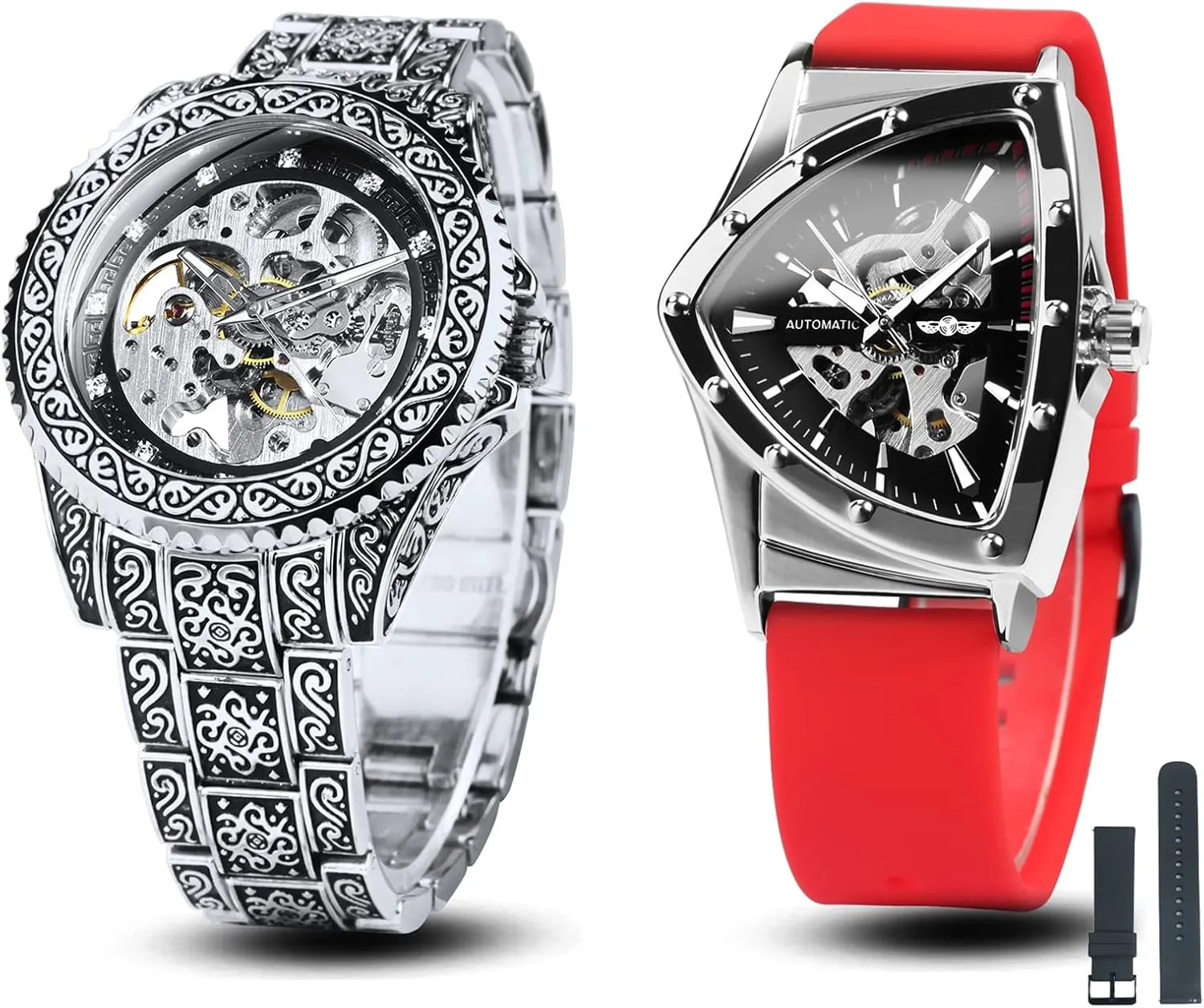 Wrist Watch for Men Rubber Strap with Extra Strap Gift Set 1 Golden Engraving Metal   1 Triangle Skeleton rush childhood spearhead Automatic Mechanical 