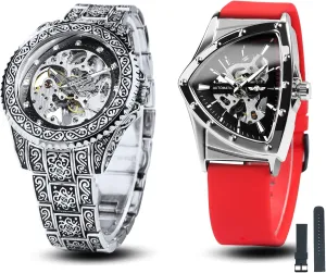 Wrist Watch for Men Rubber Strap with Extra Strap Gift Set 1 Golden Engraving Metal   1 Triangle Skeleton rush childhood spearhead Automatic Mechanical 