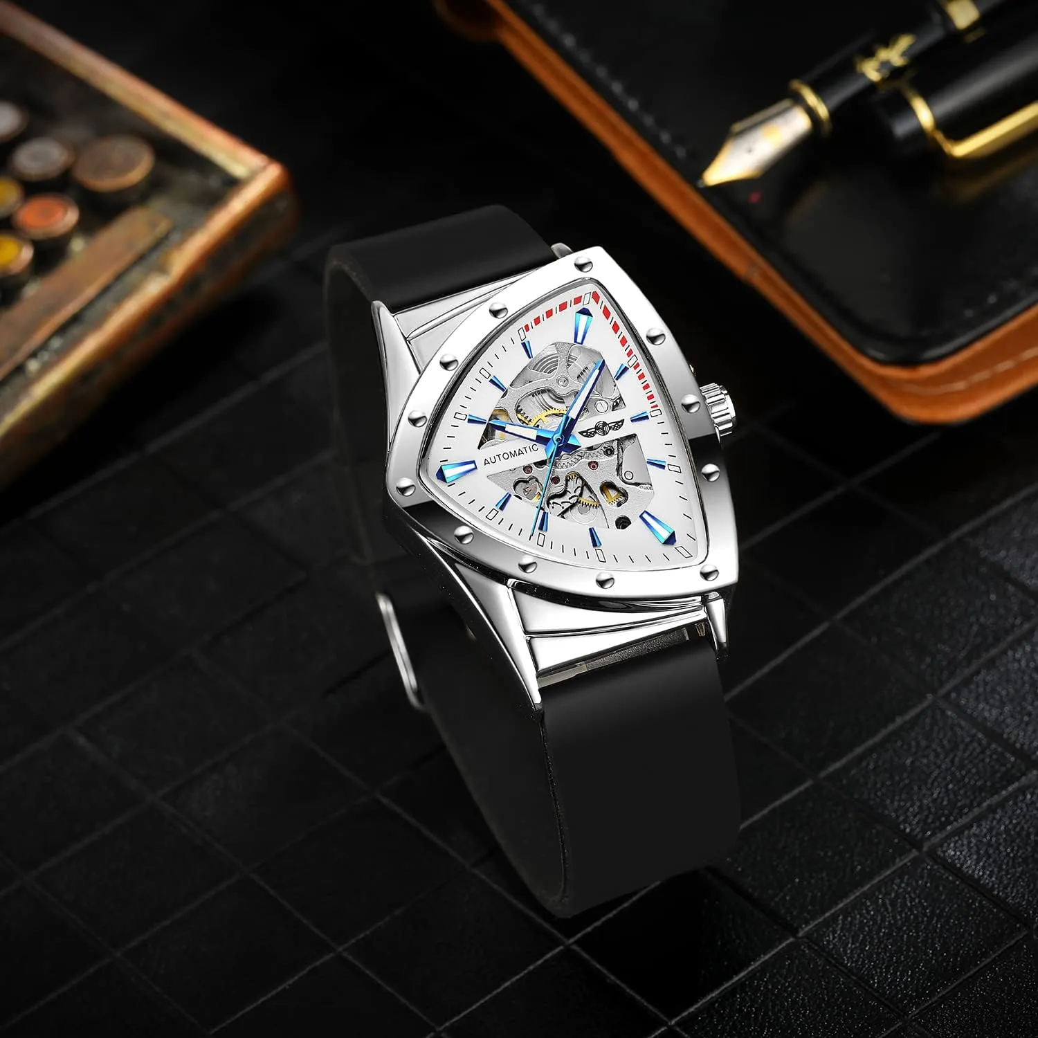 Wrist Watch with Silicone Strap FORSINING New Men Waterproof Skeleton Triangular extraordinary abort Mechanical 