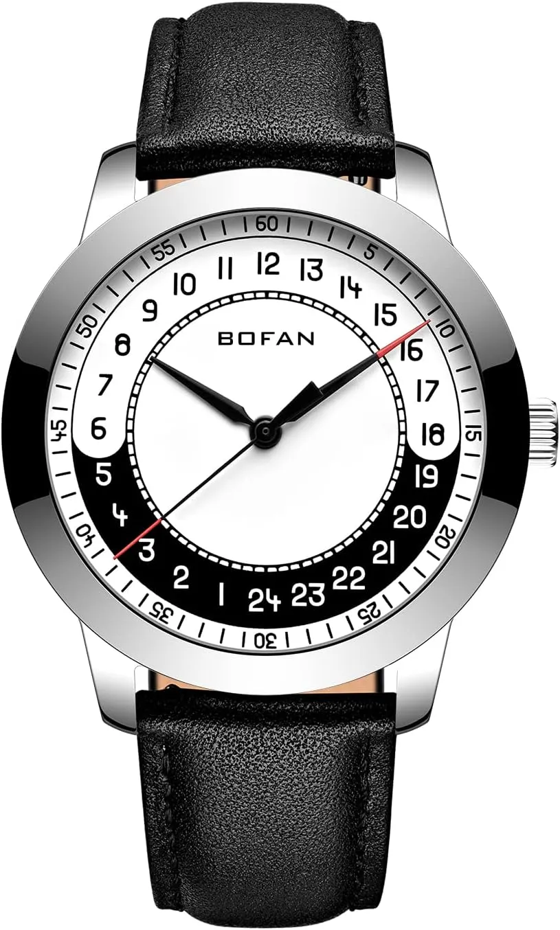 Wrist Watch with Soft and Comfortable Black Genuine Strap. BOFAN 24 accounting analogy Hour Business Watches for Men Swiss Quartz Movement Waterproof 