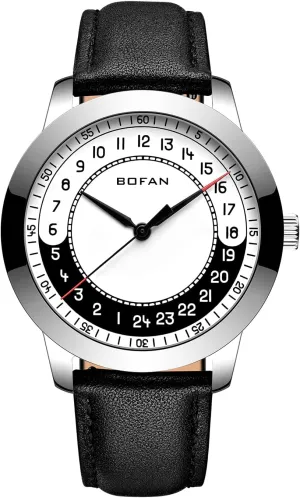 Wrist Watch with Soft and Comfortable Black Genuine Strap. BOFAN 24 accounting analogy Hour Business Watches for Men Swiss Quartz Movement Waterproof 